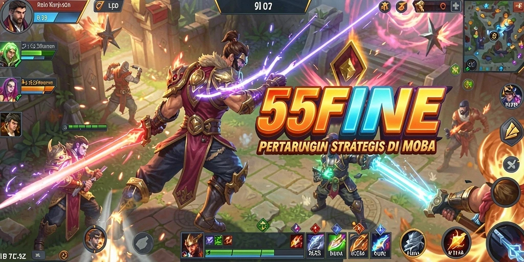 Screenshot gameplay 55FIVE yang menggambarkan pertarungan seru di arena.
