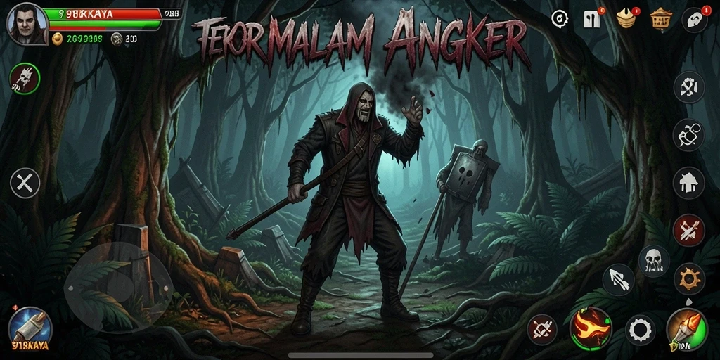 Screenshot gameplay 918KAYA menampilkan suasana mencekam di hutan angker.