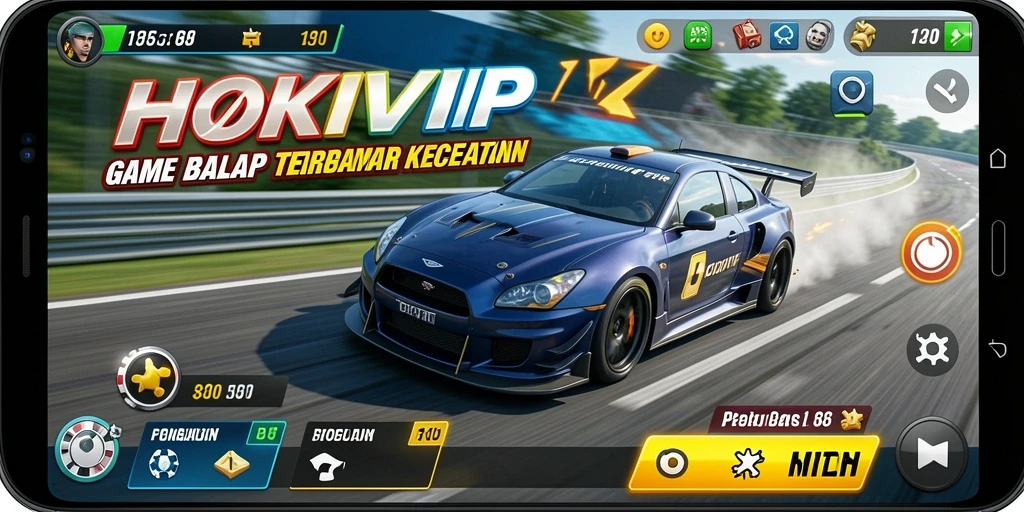 Tampilan gameplay HOKIVIP dengan mobil balap di lintasan.