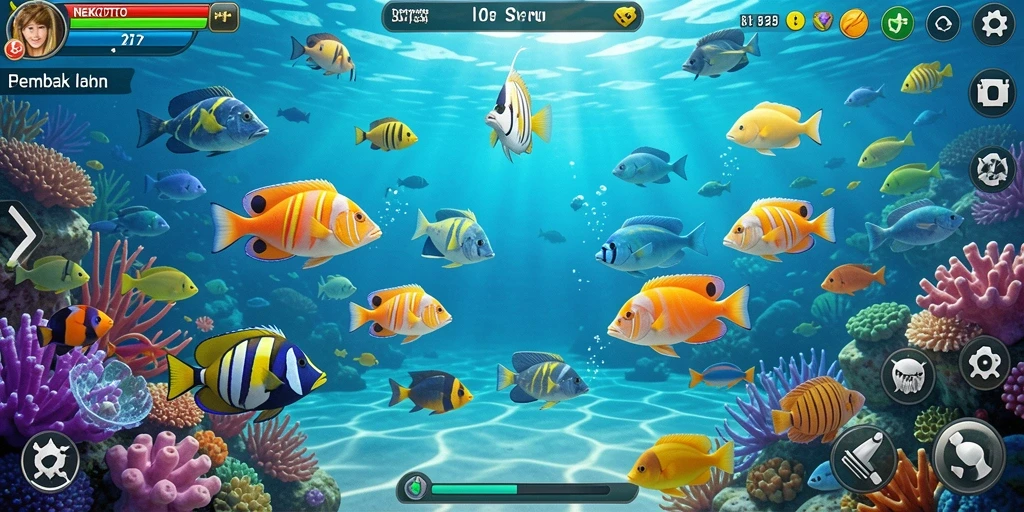 Tangkapan layar gameplay <strong>NEKOTOTO</strong> menunjukkan aksi menembak ikan yang seru.