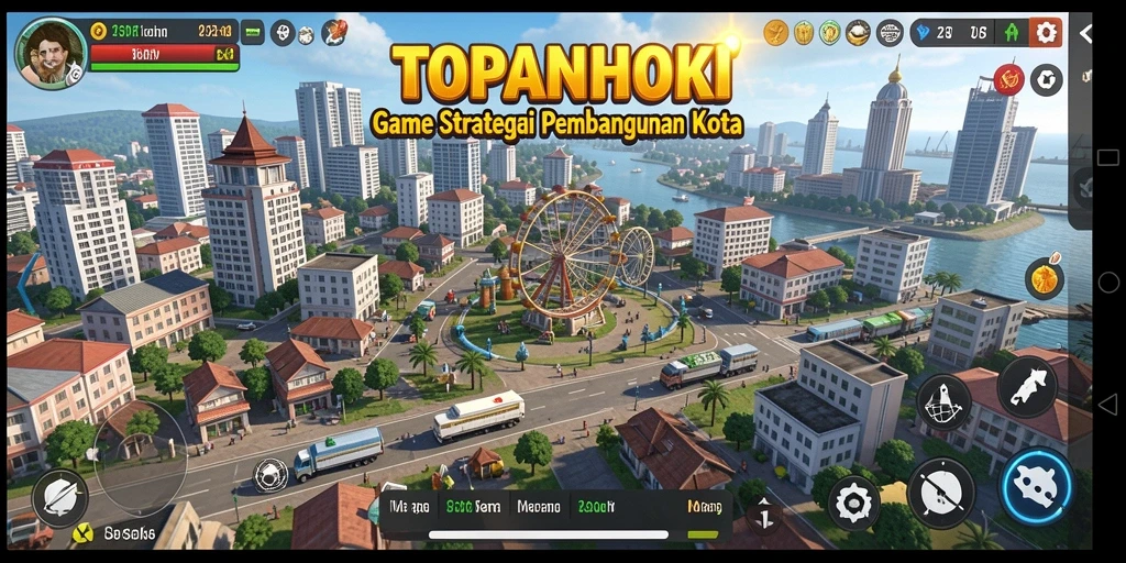 Screenshot gameplay <strong>TOPANHOKI</strong> menampilkan pengelolaan dan strategi kota yang dinamis.